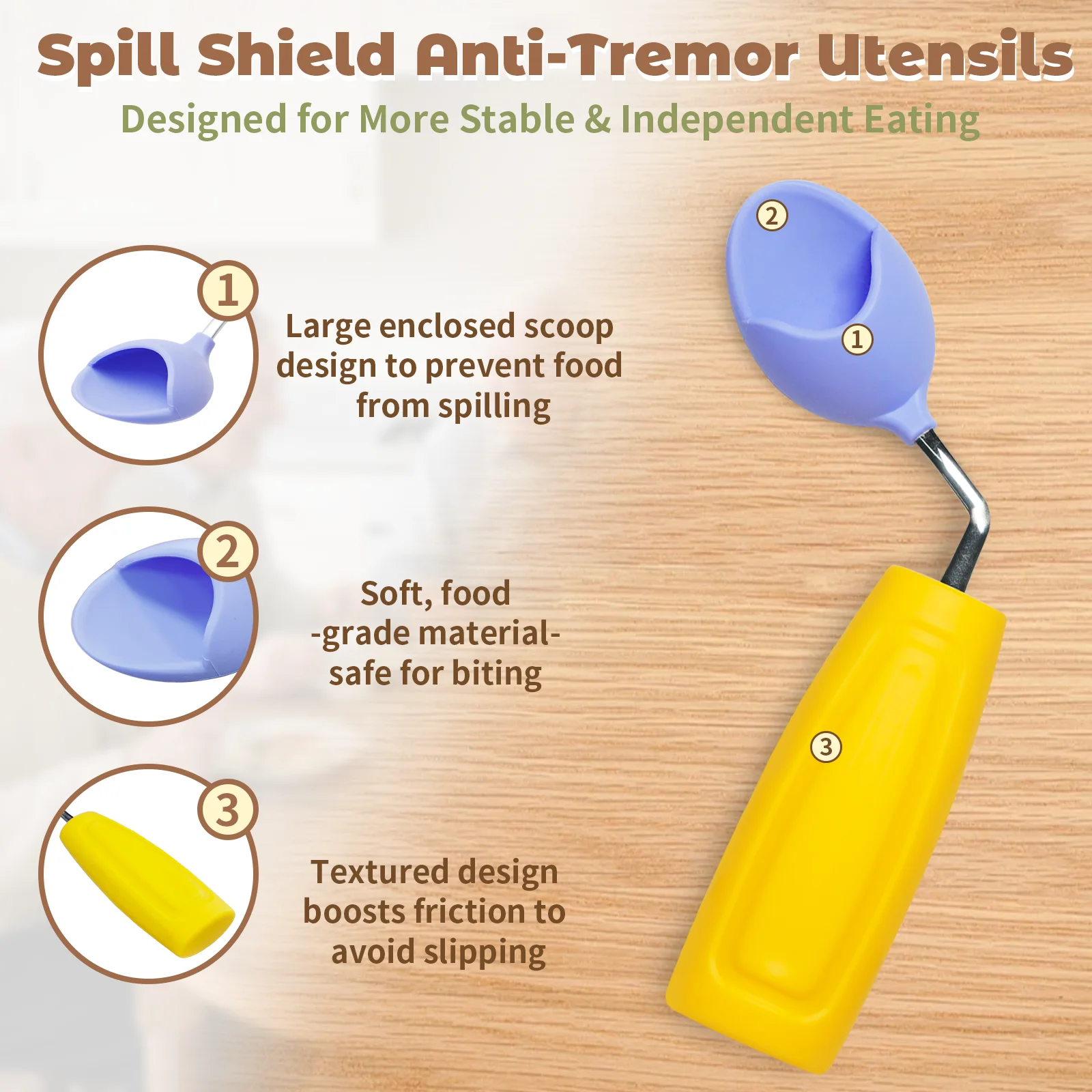 Ehucon Anti-Tremor Spill Shield Spoon, Weighted Adaptive Utensils with Large Enclosed Scoop for Hand Tremors, Dishwasher Safe