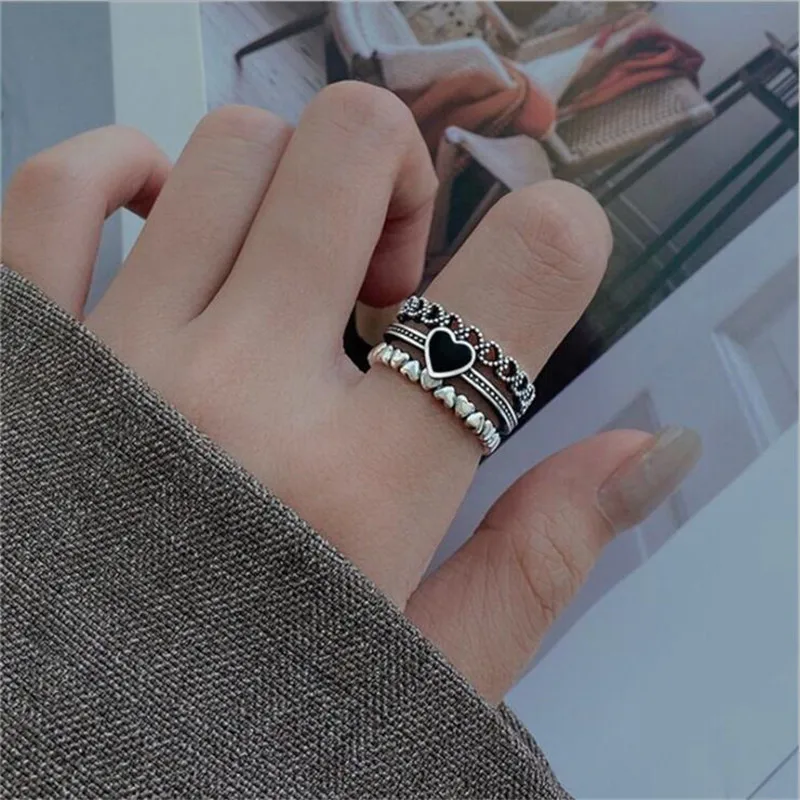 Distressed Spades Black Heart Shaped Retro Three-layer Combination 925 Sterling Silver Jewelry Love Sweet Opening Rings TYB032