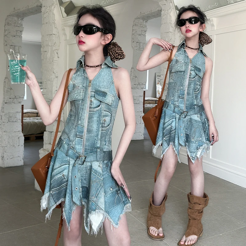 

Cowgirl High Fashion Streetwear Denim Halter Dress with Front Zipper for Kids Girl Retro Blue Jeans Dress with Belt Child 5-14Y
