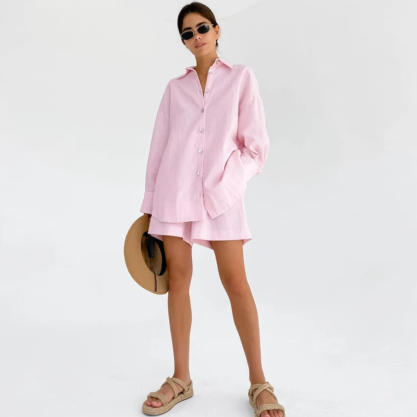 Spring And Summer Cotton And Linen Loose Shorts Pajamas Suit Solid Color Lapel Single-breasted Casual Shirt Women's Pleated