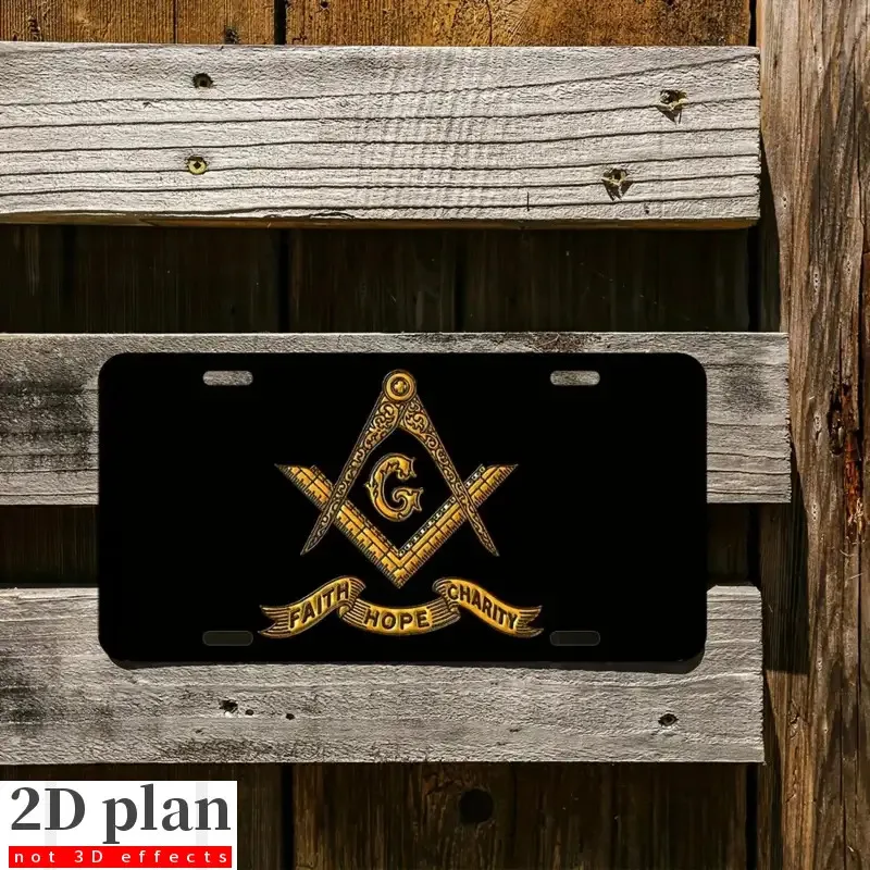 ملصق حائط معدني ماسوني - ديكور منزلي من الألومنيوم مقاس 6 × 12 بوصة مع شعار "الإيمان والأمل والخيرية" - تصميم ذهبي وأسود #1