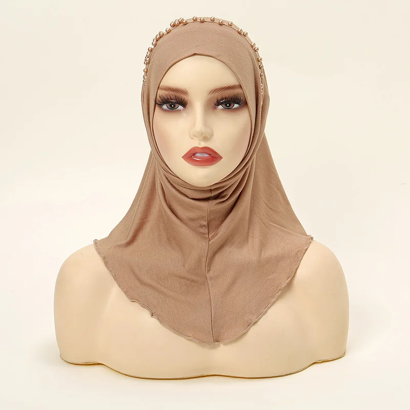 

Modal Instant Hijab Scarf for Women Pearl Beading Bonnet Hijabs Solid Color Hemp Masks StretchHijab Cover Headwrap