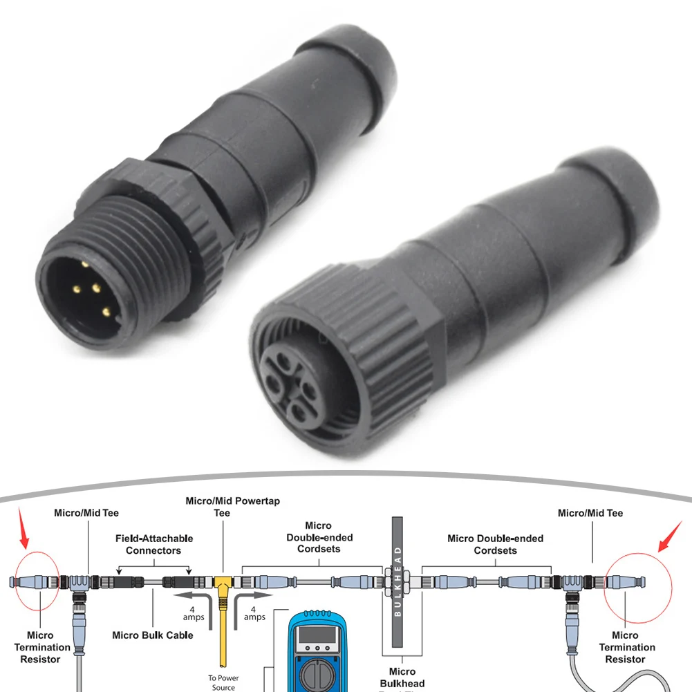 Waterproof Marine Terminal Resistor Connector Male Female M125P for NMEA 2000 Backbone Drop 12mm Threaded Locking