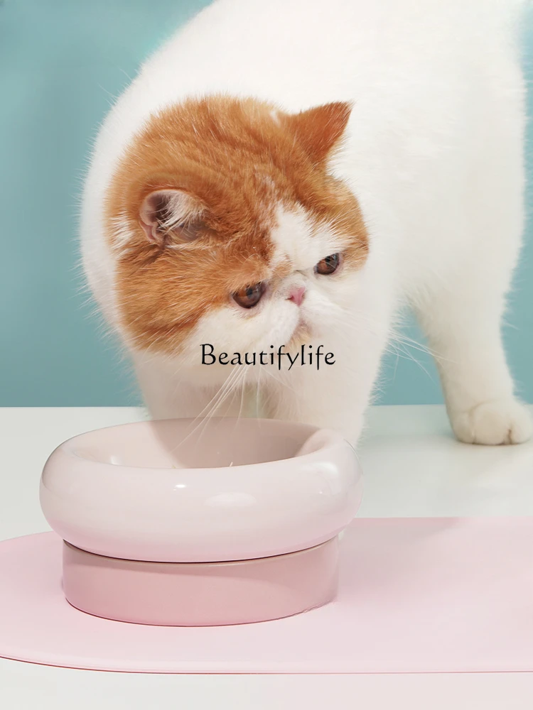 

Cat Ceramic Double Bowl Cervical Protection Anti-Tumble Cat and Dog Eating and Drinking Cat Food Holder Pet