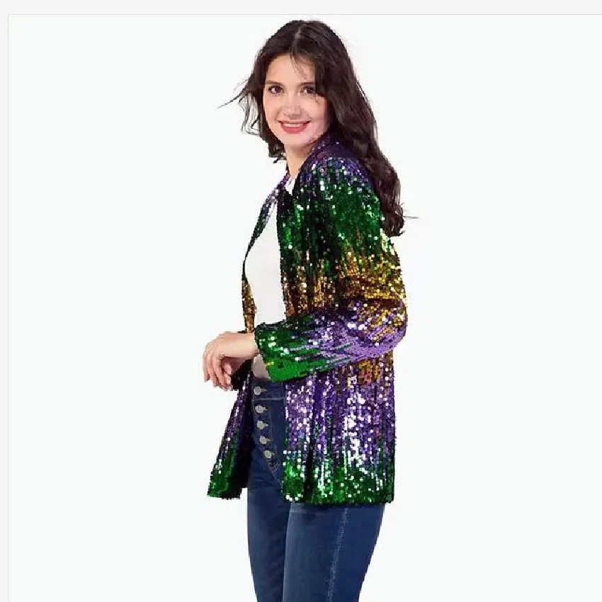 New Gradient Multi-color Bead Sequin Business Casual Holiday Loose Festive Long Suit Jacket