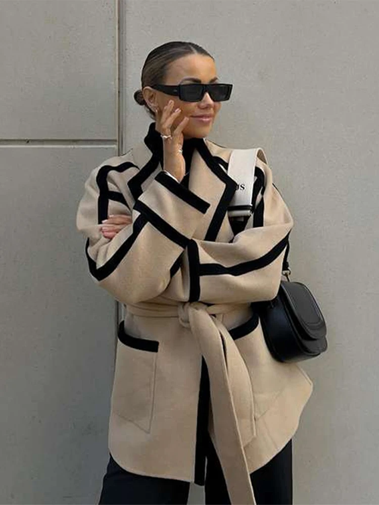 New Spliced Contrast Woolen Coat Women Long Sleeve Thicken Jacket with Belt Pockets 2024 Autumn Casual Ladies Commuter Outwear