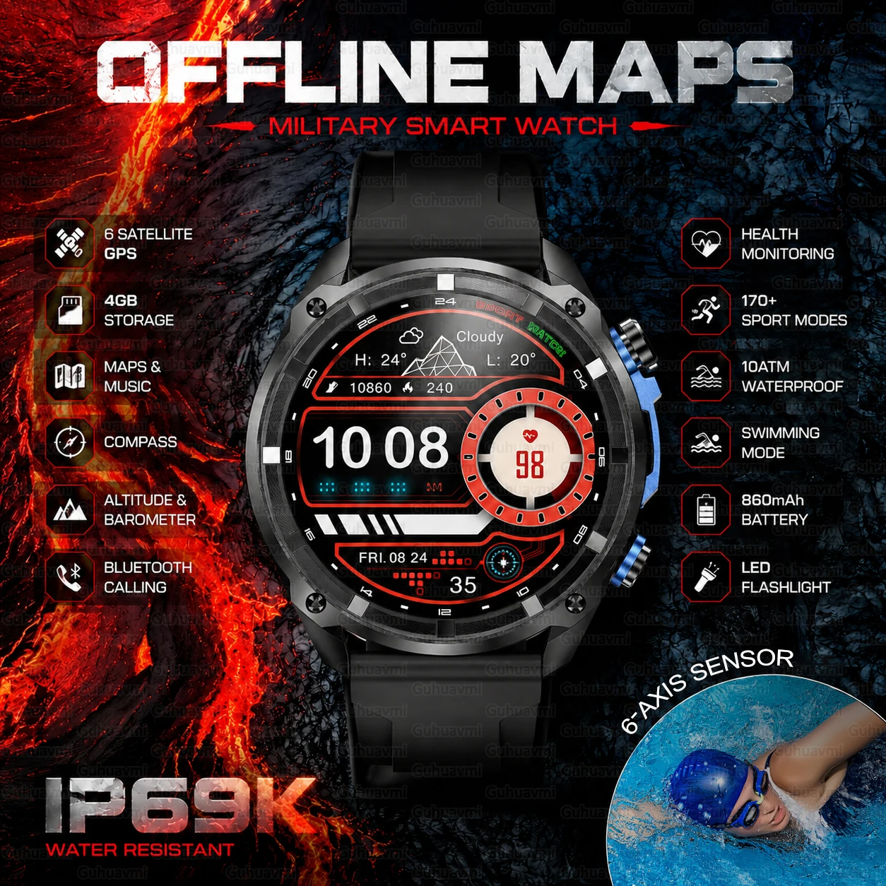 2026 New Military GPS Sports Smartwatches Men 5ATM Waterproof Fitness Tracker 4GB Memory Offline Maps 860Mah Battery Smart Watch