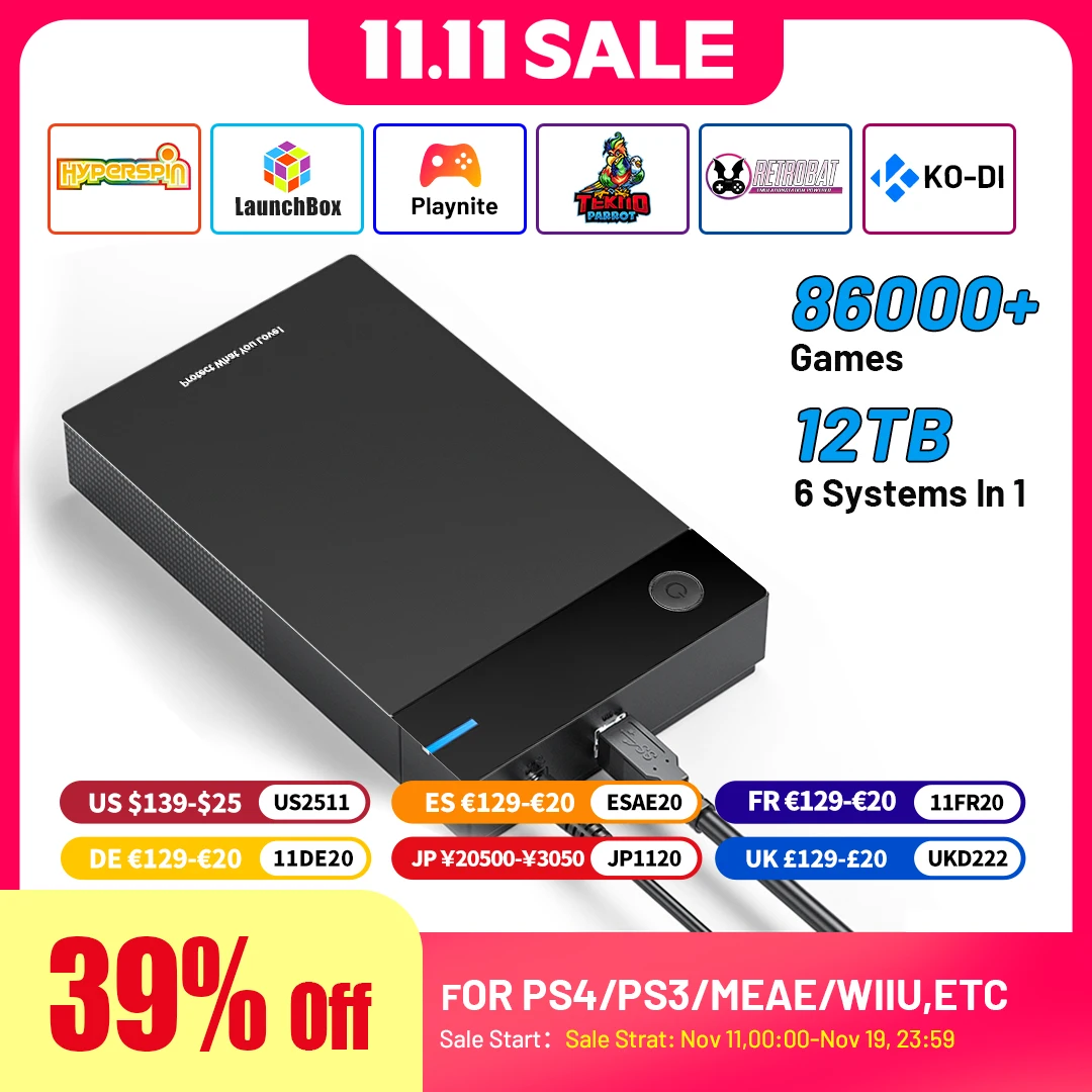 محرك أقراص ثابتة للألعاب 12T مع صندوق إطلاق Hyperspin Retrobat Playnite Super Console مع 86000+ لعبة Retro Vidoe لأجهزة PS3/PS2/PSP/WII/WIIU/DC