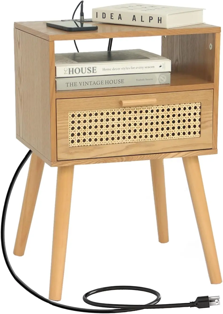 

Mid Century Modern Nightstand with Charging Station, Bedside Tables with Rattan Drawer, Small Wood Nightstand Side Table