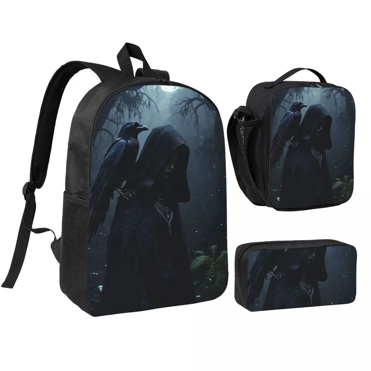 A Mysterious Woman In The Dark Forest Backpack Student BookBag School Bag Shoulder Bags 3ps Insulated Lunch Bag Pencil Case
