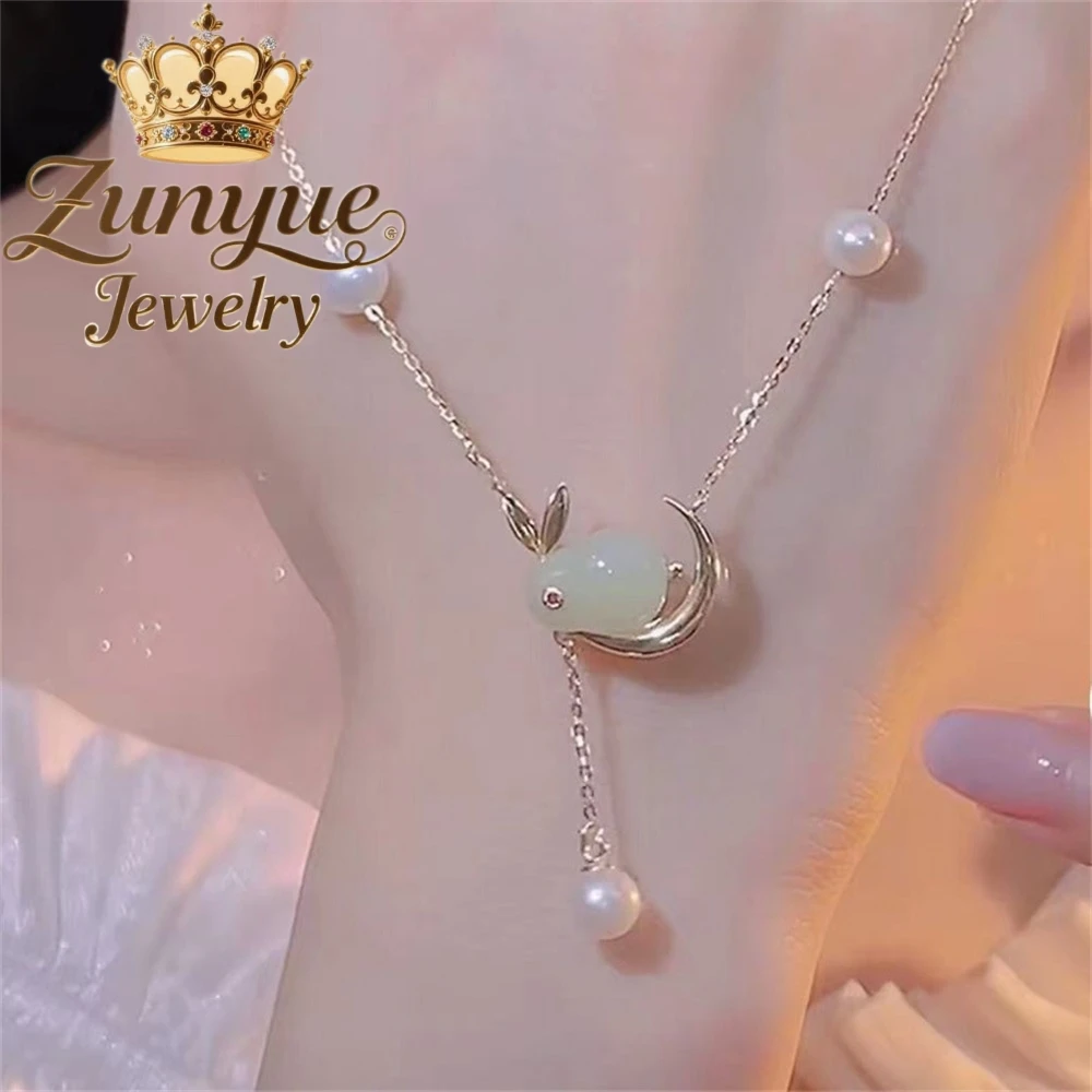 

Natural Freshwater Pearl Necklace Zodiac Hetian Jade Rabbit Starry Sky Collarbone Chain Pendant Fashion Jewelry Exquisite Luxury