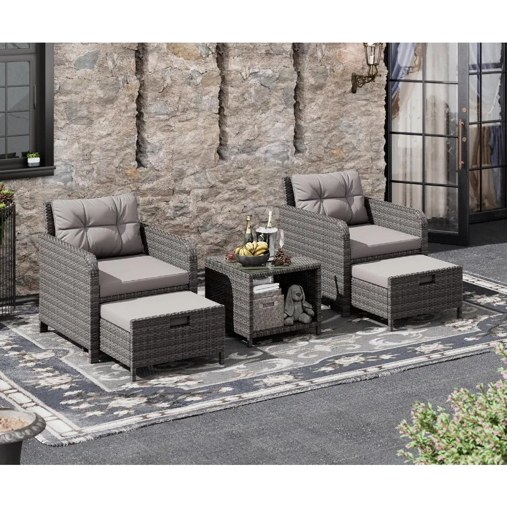 

Balcony Furniture 5 Piece Patio Conversation Set,PE Wicker Rattan Outdoor Lounge Chairs with Soft Cushions 2 Ottoman&Glass Table