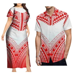 Custom Samoa Club Couple Suit Women'S Tight Slit Maxi Polynesian Dress Family Party Long Dress Men'S Casual Loose Shirt
