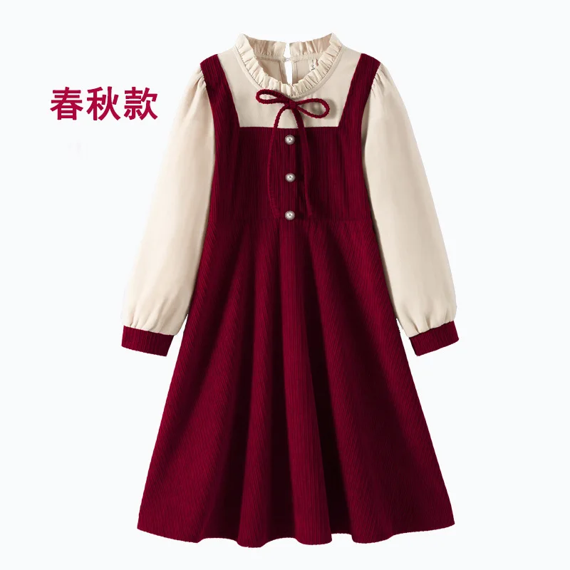 Girls Fake Two-piece Dress 2024 Autumn Winter Children Patchwork Princess Dress Kids Long Sleeves Fleece-lined Casual Dress