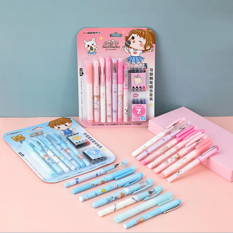 15pcs/set Erasable Fountain Pen Nib Ink Pens Children Practice Calligraphy Pen Pink/Blue Pen Convenient Stationery Korean Style