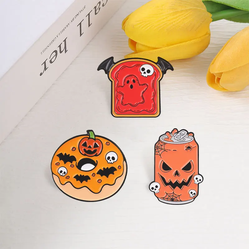 Halloween Funny Food Brooch Pumpkin Drink Toast Donut Metal Badge Cartoon Party Gift Pins DIY Clothing Bags Hat Scarf T-shirt