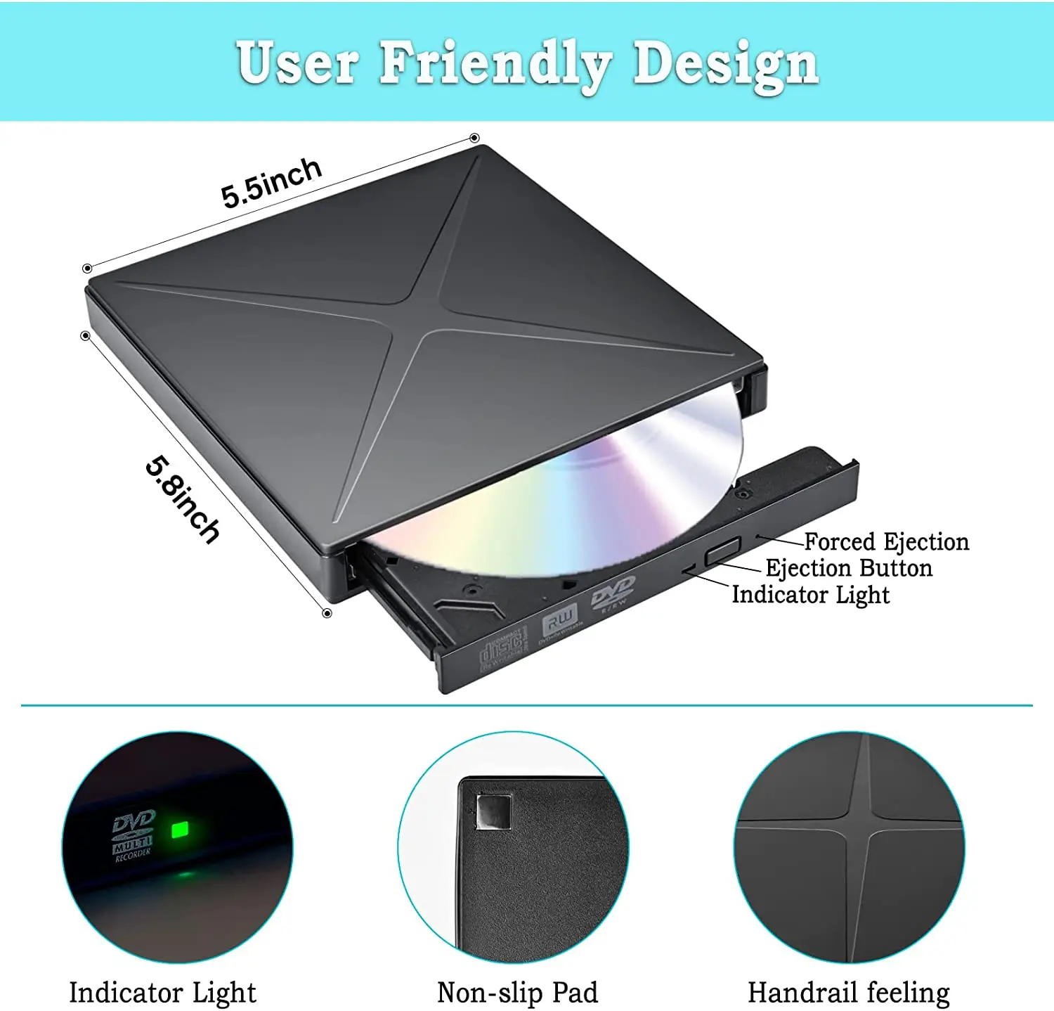 External Optical Drive USB 3.0 Portable CD DVD +/ RW Drive, DVD Player for Laptop, CD ROM Burner with USB Port TF/SD Card Slots