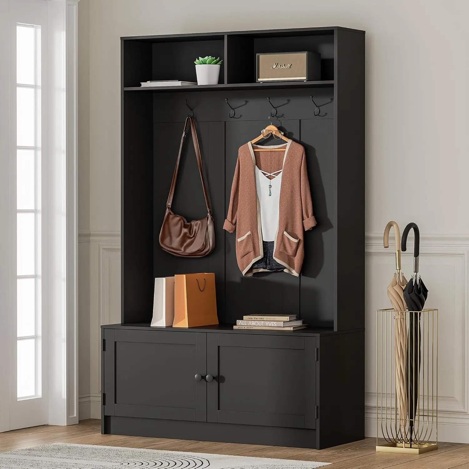 Black Hall Tree With Storage Bench, 65