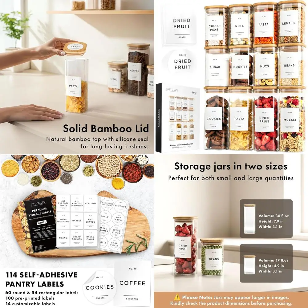 

Набор стеклянных контейнеров для хранения из 12 предметов с бамбуковыми крышками: 4x30 унций и 8x17 унций герметичные банки для организации кухни и кладовой