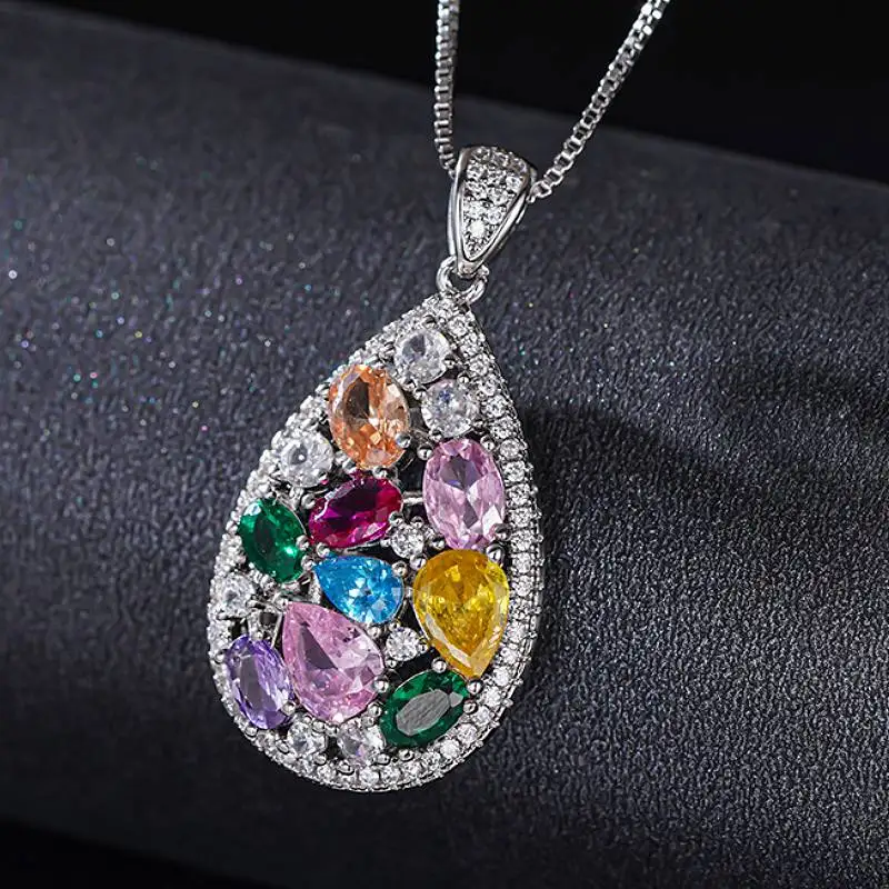Huitan Sparkling Women Pendant Necklace Inlaid Multiple Colors Bright CZ Elegant Wedding Party Versatile Accessories Jewelry