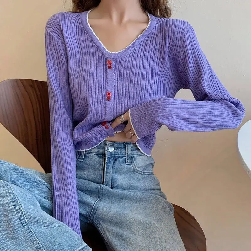 

Korean Version Two-button High Waist Versatile Purple V-neck 2025 Autumn New Pullover Knitted Long-sleeved T-shou Women