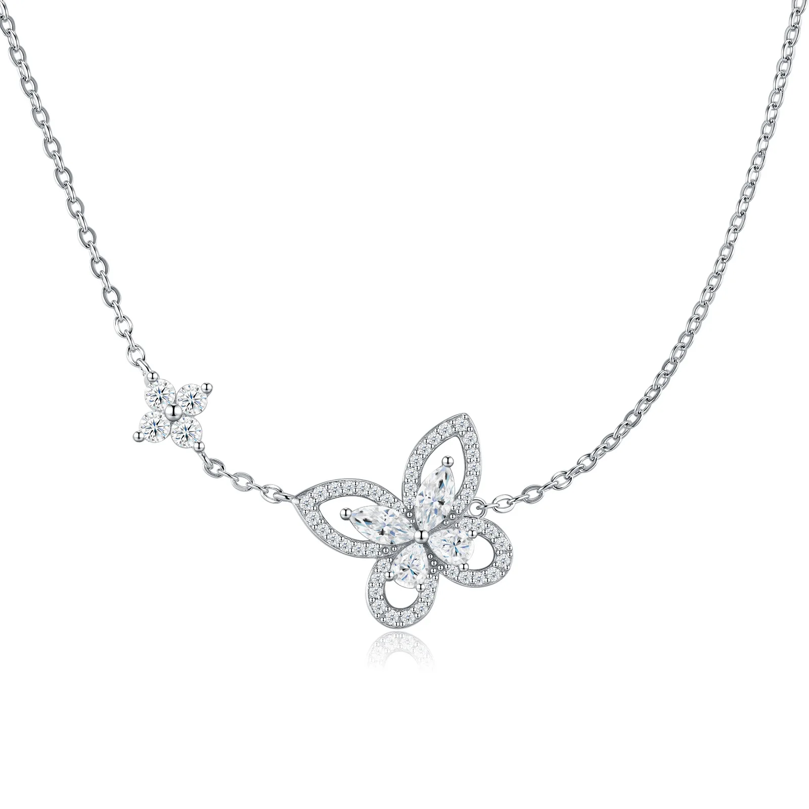 Moissanite Butterfly‑Flower Pendant Necklace 925 Sterling Silver Commuter Clavicle Chain Engagement Daily Jewelry For Women