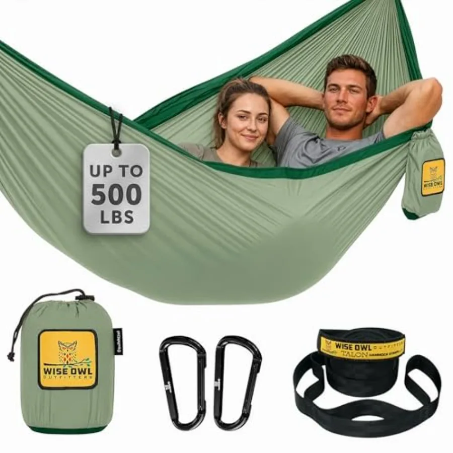 

Camping Hammock 500lbs Portable Nylon Hammock with Tree Straps Travel, Backpacking, Hiking, Outdoors Camping Gear Olive Green