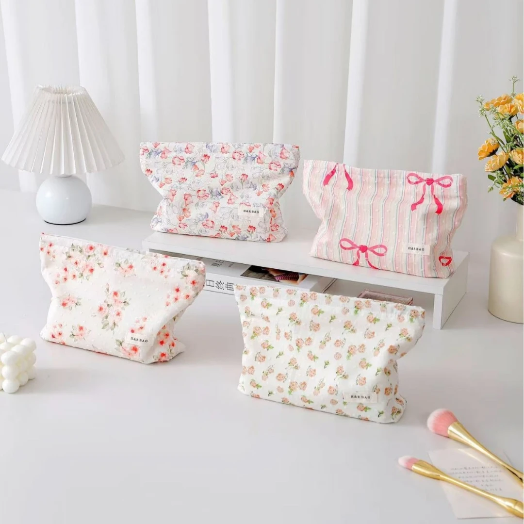 Cotton Jacquard Makeup Bag for Girls Women Fresh Greenery High Capacity Cosmetic Lipstick Storage Bag Portable Toiletry Bag
