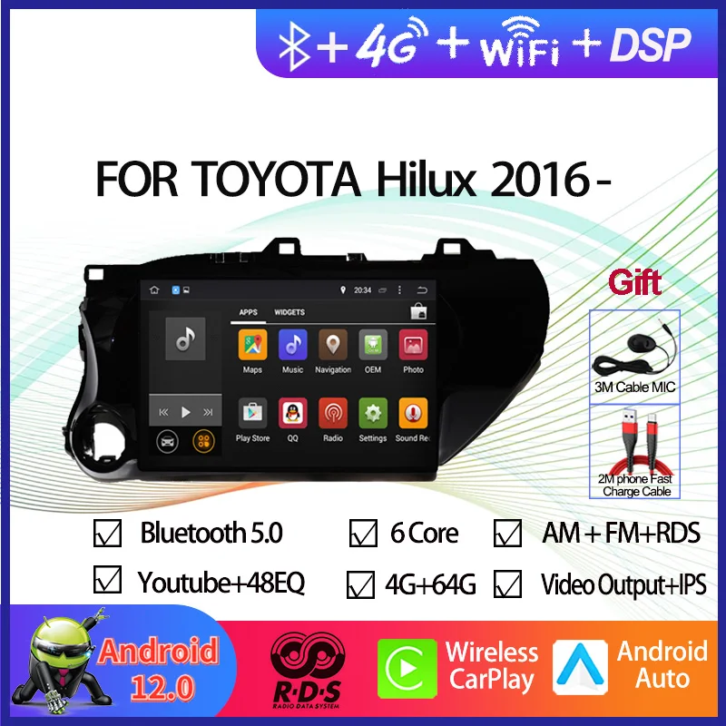 Android 12 Car GPS Navigation Multimedia DVD Player For Toyota Hilux 2016- 2 Din Auto Radio Stereo With RDS BT Wifi Aux