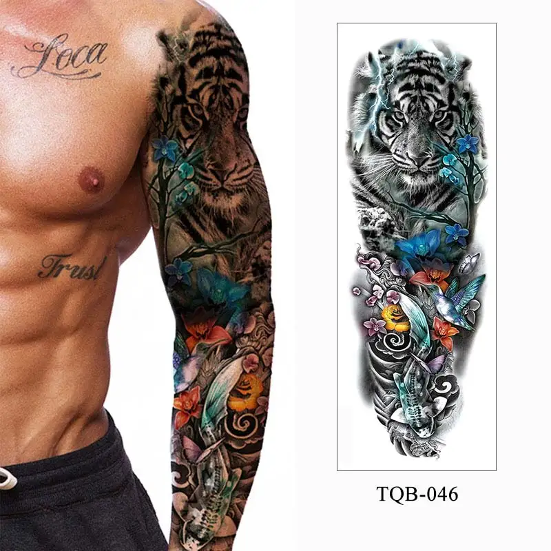 Faux Tatouage Temporaire à Manches sulfpour Homme et Femme, Grand Bras, Autocollant, Poisson, Loup, Tigre, Imperméable, Art Corporel