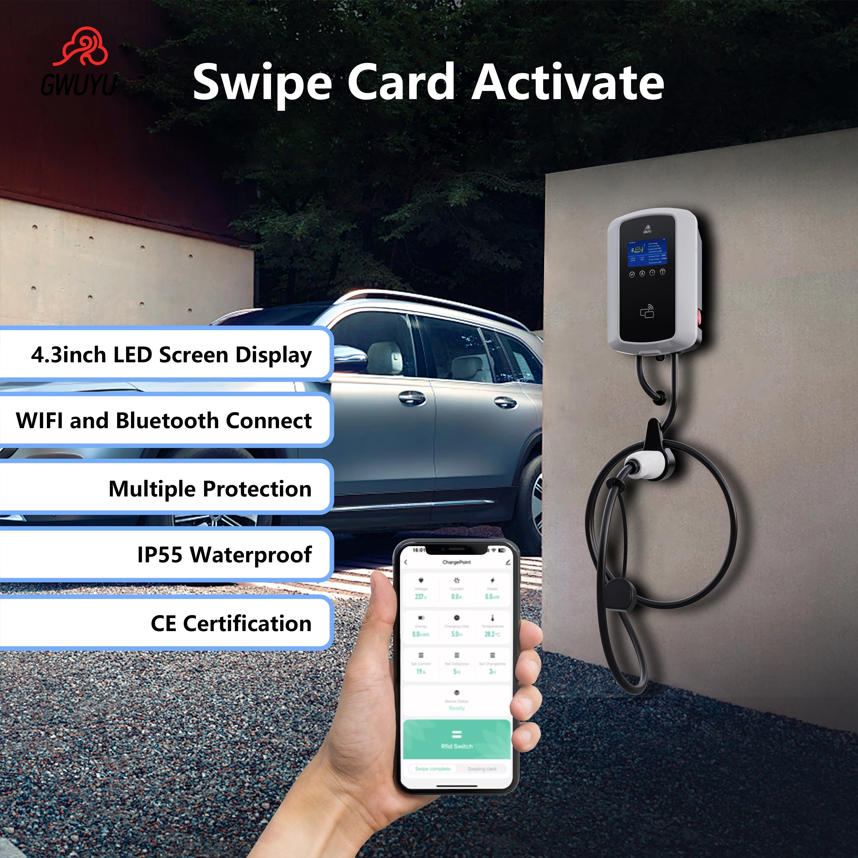 GWUYU JZ22 Smart Electric Vehicle EV Charging Station 22KW 32A 3 Phase Type 2 Car Charger Fast Charging 5m Wallbox RFID APP Wifi