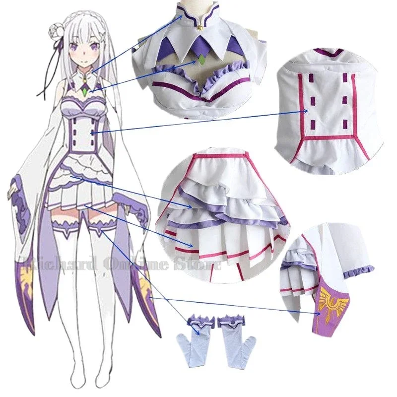 مجموعات زي أنيمي تأثيري مع شعر مستعار للنساء ، فستان إميليا تأثيري ، عباءة الحزب والشعر المستعار