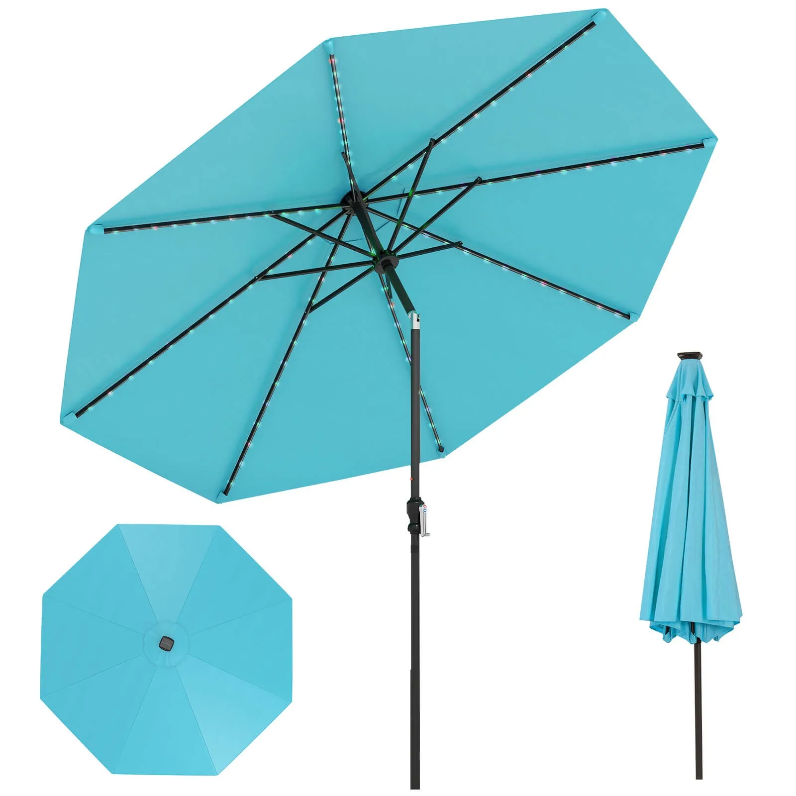 

10 FT Solar Patio Umbrella w/96 Multi-colored LED Lights & 9 Modes Vented Top