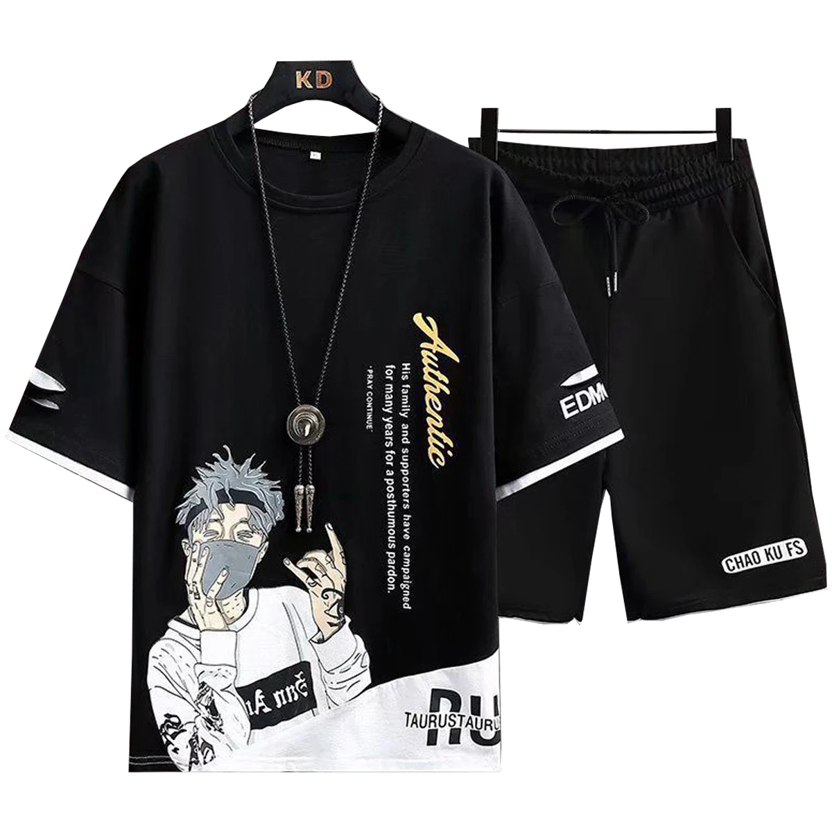 Men's Short Sleeved Shirt Casual Shorts Round Neck Cartoon Printed Pattern Five Quarter Pants Summer Young Student Clothing