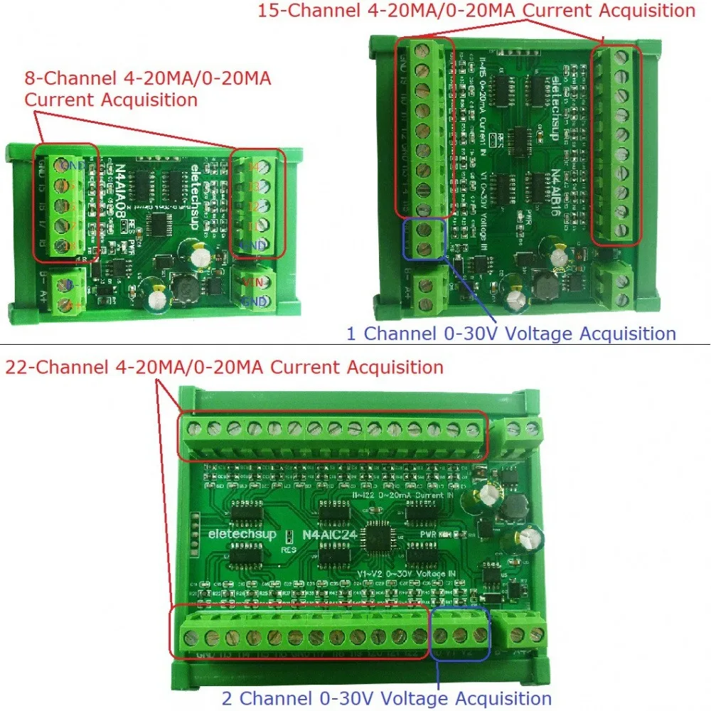 

22-канальный модуль коллектора аналогового ввода тока RS485, плата MODBUS RTU постоянного тока 7-25 В, модуль сбора тока 0-20MA/4-20MA