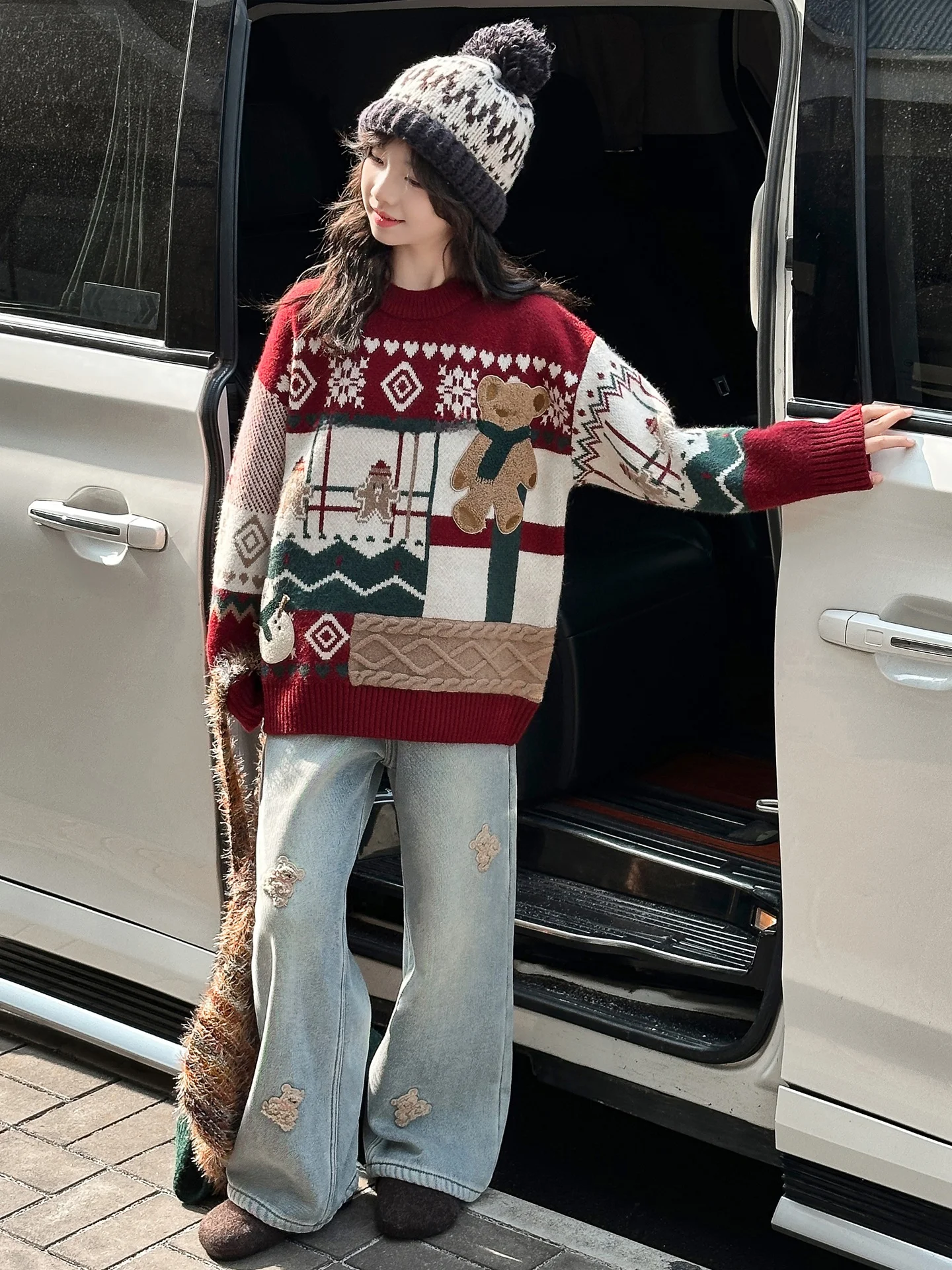 

Утепленный комплект для девочек: джинсы с высокой талией и свитер, осенне-зимний, в корейском стиле, модный, из двух предметов