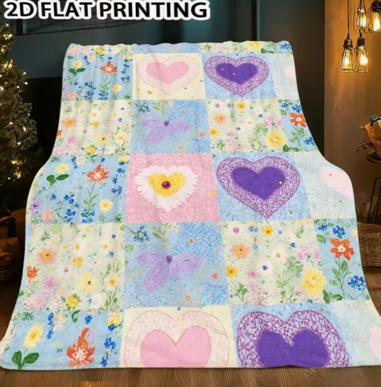 Contemporary Patchwork Floral & Butterfly Heart Flannel Throw Blanket - Multicolor  Lightweight Bedspread for Sofa, Bed, Camping
