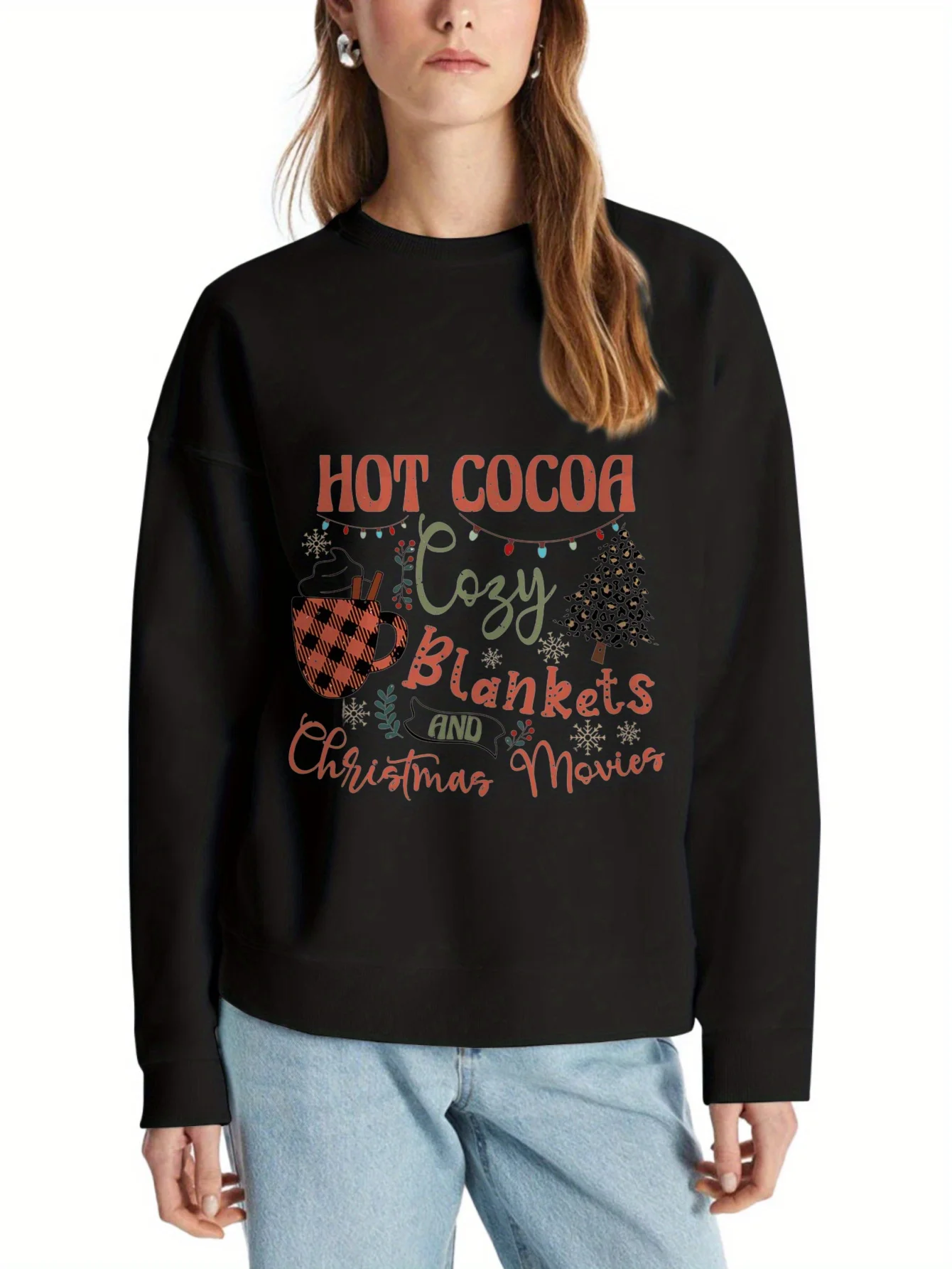 Pull à capuche en Polyester pour femmes, couverture de cacao chaude imprimée à la mode de noël et film de noël, sweat à capuche à col rond, confort d'hiver