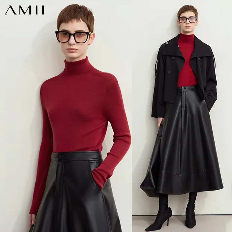 

Amii Minimalism 2025 Winter New Turtleneck Knitted Tops for Woman Worsted Wool Sweaters Casual Fashion Women's Sweater 12423120