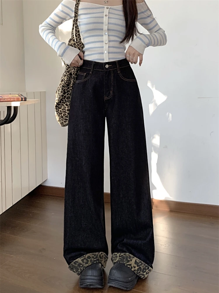 Baggy Jeans for Women Leopard Crimping Design Vintage Streetwear Cool Unisex Wide Leg Trousers Fashion American Style Versatile