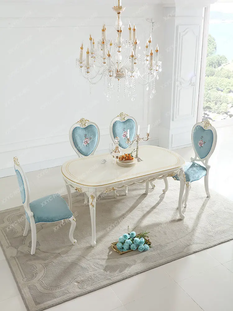 French Pastoral Style Dining Table Blue European Oval 1.6M Dining Tables and Chairs Set Furniture Living Alone Crafted