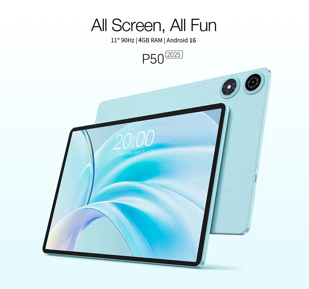 Teclast P50 Tablet 11" Android 16 90Hz Display T606 8-Core 12GB RAM (4GB+8GB) 128GB ROM 4G LTE GPS WiFi BT5.0 7000mAh Type-C
