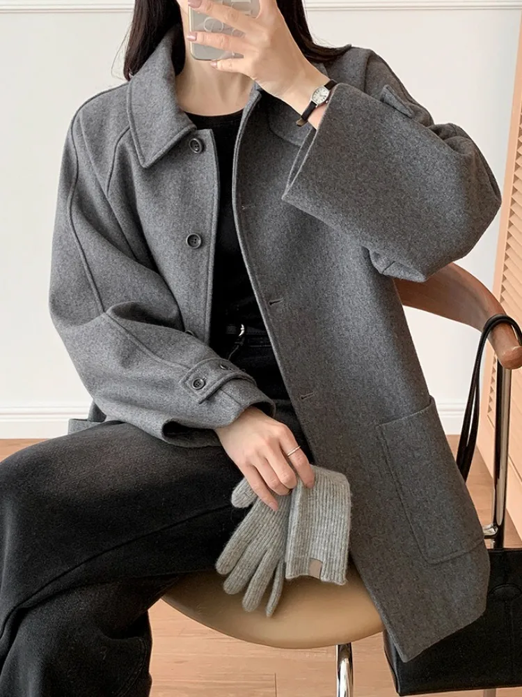 

Retro Chic Winter Woolen Coat Casual Lapel ket Single Button Briti Sle Women's Outerwear Long Sve Warm Mid-Length