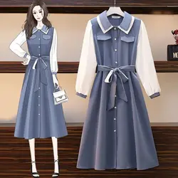 2024 Spring and Autumn New Large Women's Clothing Fat MM Temperament A-line Skirt Loose and Slim Long Sleeve Shirt Dress