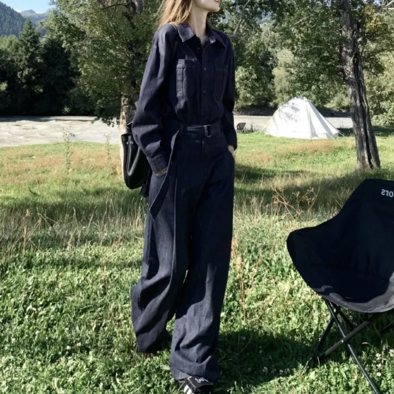 Minimalist Anti Fading Denim Shirt with Wide Leg Pants Set