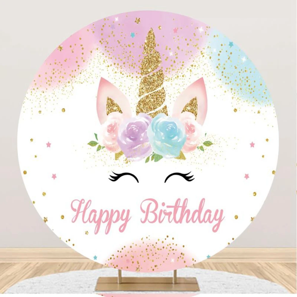 Unicorn Birthday Party Round Backdrop Cover Rainbow Glitter Flowers Newborn Baby Shower Circle Background for Photography Props