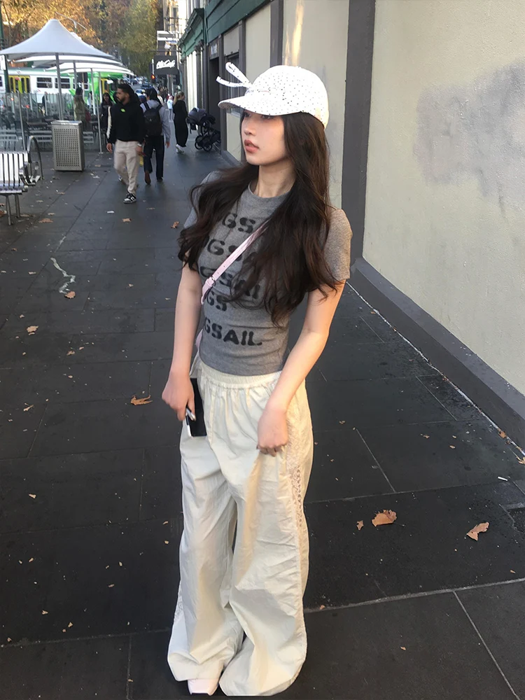 Retro Amerykańska Pikantna Dziewczyna Duch List ort Sve T-shirt Damski Letni Wyszczuplający Modny Design Top Bawełna Poliester B...