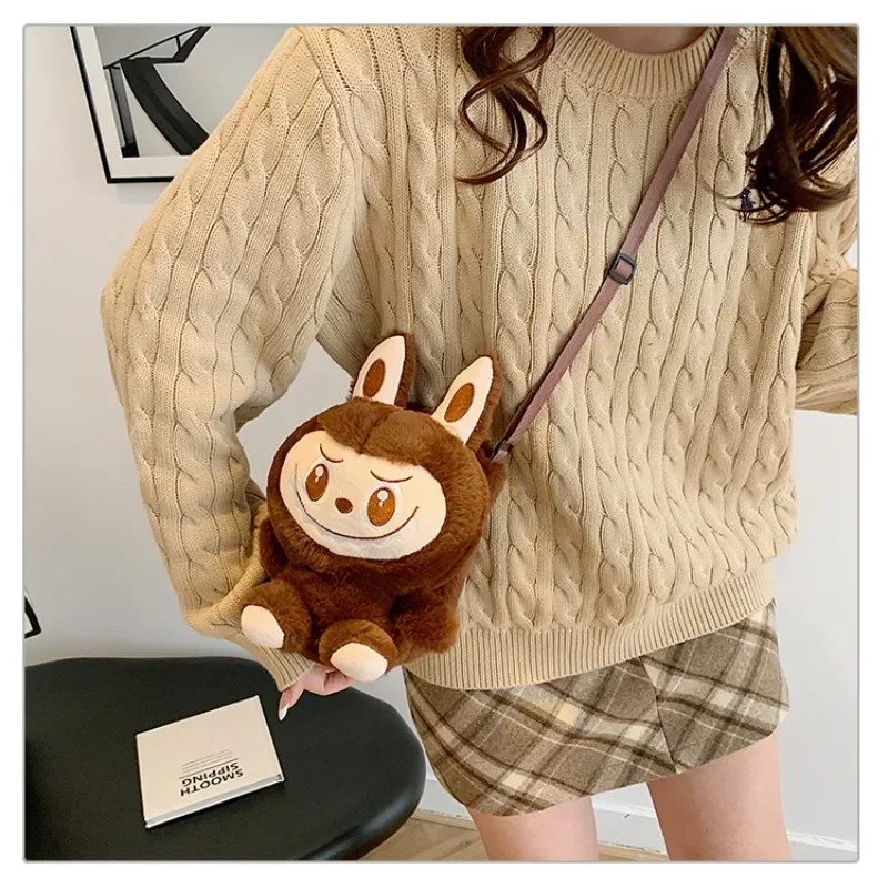 Dulce Anime Kawaii MINISO Ins moda Labubu muñeca bolsa de almacenamiento de felpa lindo dibujos animados hombros bolsa cruzada regalo para niñas