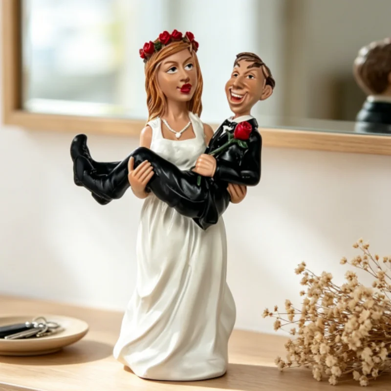 Humorous Wedding Couple Resin Statue, Bride Holding Groom Figurine, Home Decor
