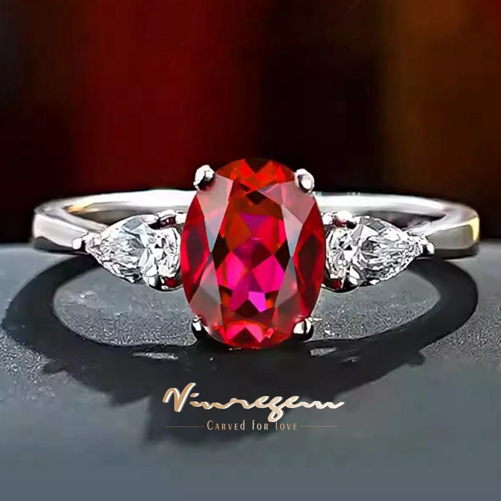 Vinregem 6*8 MM Oval Cut Ruby High Carbon Diamond Gems 100% 925 Sterling Silver Wedding Engagement Fine Jewelry Rings Wholesale